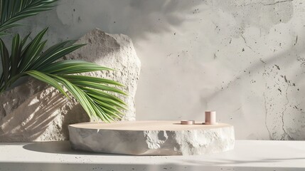 Aufkleber - Natural beauty podium backdrop for cosmetic product displayBackground for cosmetic product branding with stone wood and plant : Generative AI