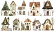 Whimsical Illustrated Fantasy Village with Unique Architectural Styles and Cozy Cottages in a Picturesque Countryside Landscape