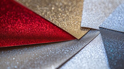 Poster - From above layout of pastel glitter cardboard sheets in brown white red and grey shiny shades : Generative AI