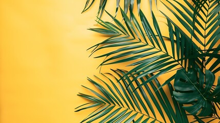 Wall Mural - Green tropical palm leaves on bright yellow background Minimal summer concept Creative flat lay : Generative AI