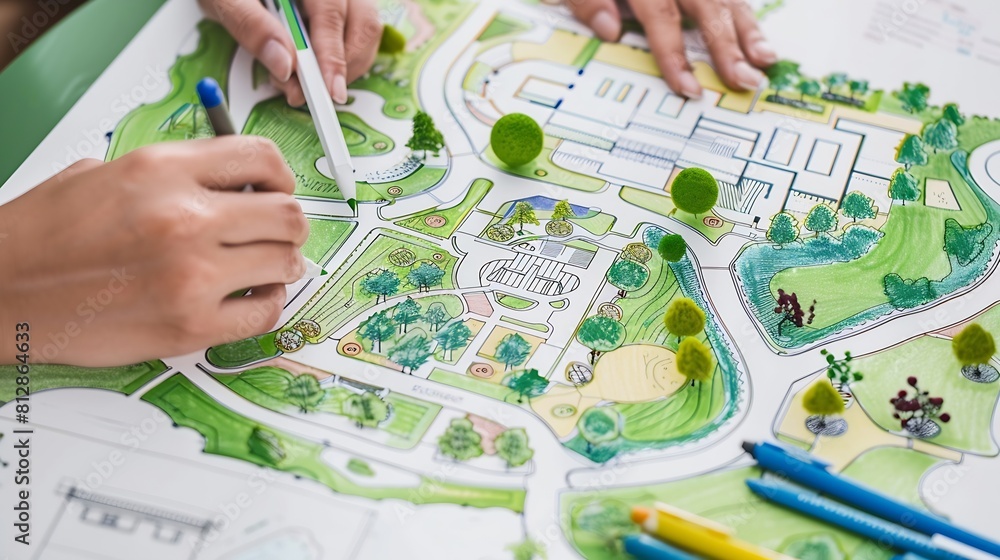 paper sheet of layout plan with hands and garden background that shown ...