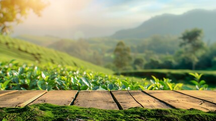 Leinwandbilder - Wooden table top on blur green tea mountain and grass fieldFresh and Relax conceptFor montage product display or design key visual layoutView of copy space : Generative AI