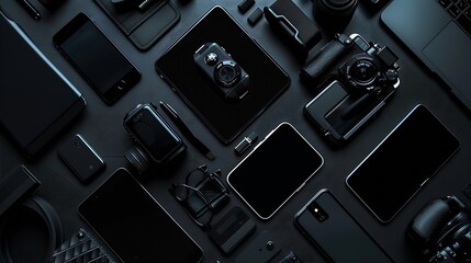Leinwandbilder - Business concept Flat lay composition with various black gadgets on dark black surface : Generative AI