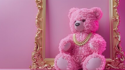 Wall Mural - Creative layout with pink teddy bear with luxury jewelry behind vintage golden frame on pastel pink background 80s or 90s retro fashion  concept Trendy toy idea Valentines day idea : Generative AI