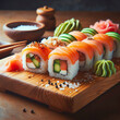 Sushi roll with salmon, avocado and cucumber on a wooden board