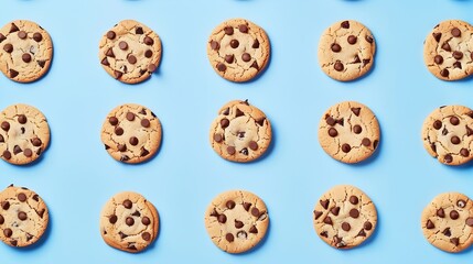 Wall Mural - Creative pattern made with chocolate chip cookies on pastel blue background Happy sweet optimistic life idea Fun food or dessert concept Spring or summer layout : Generative AI