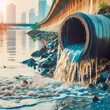 Water flowing from a sewer pipe into the city river at sunset.