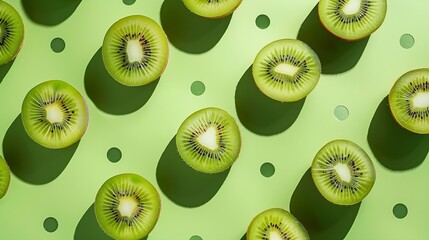 Wall Mural - Creative layout made of green kiwi on the green background with dots Flat lay Food concept Macro  concept : Generative AI