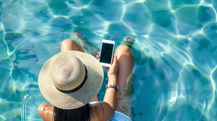 Leinwandbilder - Asian woman sitting by the pool while using mobile phone Young traveler female working on cellphone during her summer vacation trip Technology and lifestyle concept Copy space top view : Generative AI