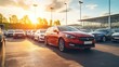 © inthasone - Car parked at outdoor parking lot. Used car for sale and rental service. Car insurance background. Automobile parking area. Car dealership and dealer agent concept. Automotive industry. Electric auto