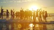 © Generative AI - Big group of people having fun at sunset beach : Generative AI