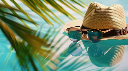 vacation and summer travel banner concept on tropical sea Panama hat and sunglasses with a reflection of the sandy trovic beach and palm trees : Generative AI