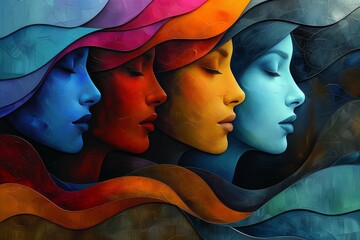 Wall Mural - Abstract colorful shapes representing women's faces in profile, with soft curves and flowing lines. The background is an abstract pattern of various shades of brown to blue. 