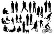 Silhouettes men, women, teenagers and children standing, walking, sitting, skateboarding, black color, vector, group recreation people, students, flat icon design concept isolated on white backgroung