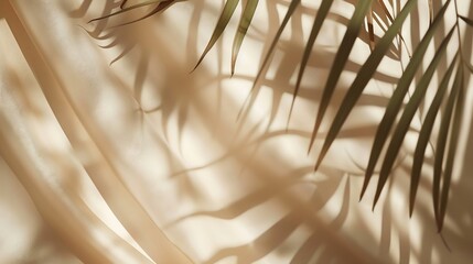 Aufkleber - Minimalist aesthetic natural summer background with blurry sunlight shadow of tropical palm leaves on a neutral beige curtain copy space : Generative AI