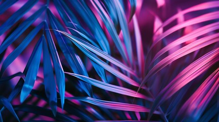 Poster - tropical leaf summer background with blue and purple party glow colors exotic jungle palm tree leaves toned : Generative AI