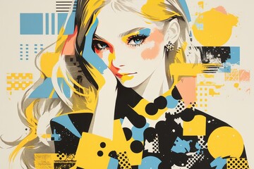 Wall Mural - Abstract pop art portrait of blond woman with circles and colorful dots in the style of various artists. The portrait features a blond woman with circles and colorful dots minimally covering her face