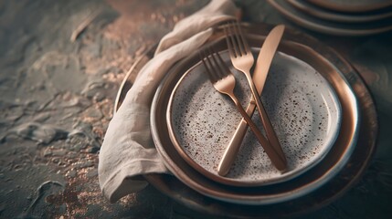 Leinwandbilder - From above sophisticated easter table setting featuring stacked ceramic plates rose gold cutlery and a linen napkin on a textured background : Generative AI