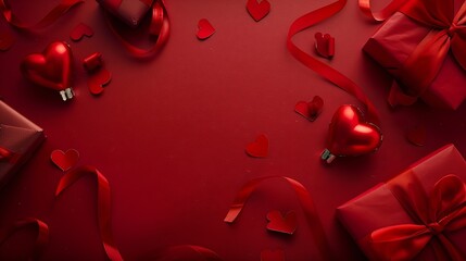 Wall Mural - Valentines Day gifts with red hearts on red table Top view flat lay : Generative AI