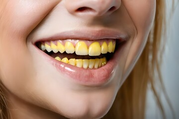 close-up of woman's yellow teeth