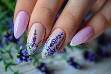 Wall Mural - lavender nail art on glossy almond shaped nails with natural elements