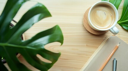 Leinwandbilder - Top view office table desk Workspace with blank office supplies pencil green leaf and coffee cup on wood background : Generative AI