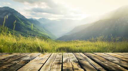Wall Mural - Wooden table top on blur mountain and grass fieldFresh and Relax conceptFor montage product display or design key visual layoutView of copy space : Generative AI