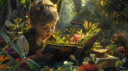 Young Girl Reading a Book in a Magical Forest Filled with Nature s Enchantment