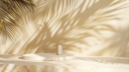 Aufkleber - Tropical palm tree shadow on cream wall and luxury marble table for product placement Natural layout design background Abstract summer light cosmetic stand mockup : Generative AI