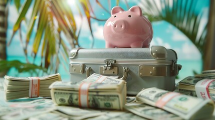 Fototapete - TravelVacation money saving conceptpiggy bank beach vacationMiniature luggage and bundles of hundred dollar billsVacationsCopy spaceSavings concept for vacation : Generative AI