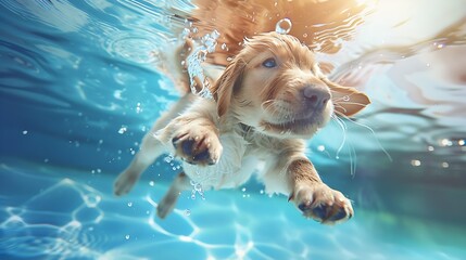 Underwater funny photo of golden labrador retriever puppy in swimming pool play with fun  jump dive deep down Activities training classes with family pets Popular dog breeds on summer  : Generative AI