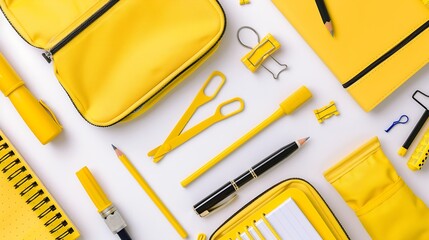 Poster - Back to school concept Flat lay top view on school supplies stack notebook yellow full pencil case with pencils and pens notepad scissors isolated on white background : Generative AI