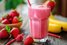 Refreshing Strawberry Banana Smoothie Served In A Tall Glass With Fresh Strawberries On Wooden Table