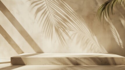 Aufkleber - Minimal product placement background with palm shadow on beige plaster wall Luxury summer architecture interior aesthetic Boho home room for product platform stage mockup : Generative AI