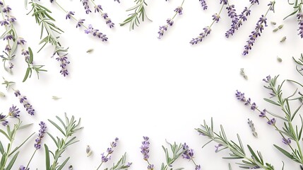 Wall Mural - Lavender flowers and leaves creative frame on white background Top view flat lay Floral composition and design Healthy eating and alternative medicine concept : Generative AI