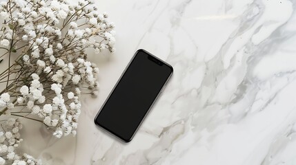 Aufkleber - Flatlay mobile phone on marble table Aesthetic elegant blog online shopping online store social media branding template with blank copy space : Generative AI