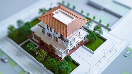 Aufkleber - Volumetric project of house Layout of a house with an open roof Miniature layout of a cottage top view Building model as a symbol of architectural business Design in architectural bure : Generative AI