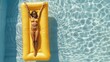 © Generative AI - Enjoying suntan Vacation concept Top view of slim young woman in bikini on the yellow air mattress in the big swimming pool : Generative AI