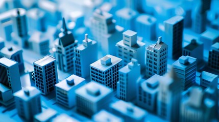 Miniature city with blue houses on blue background Abstract urban architecture landscape simplified town layout with different size buildings skyscrapers with many windows Evening time : Generative AI