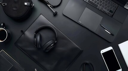Aufkleber - Laptop headphone stationery and coffee cup on black leather Flat lay and top view : Generative AI