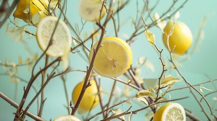 Minimalist creative background for cosmetic or product presentation with ingredient from lemon On a green background dry twigs decorated with fresh lemon and lemon slices Front view : Generative AI