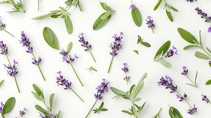 Lavender flowers and leaves creative layout isolated on white background Top view flat lay Floral composition and design Healthy eating and alternative medicine concept : Generative AI