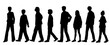 Vector silhouettes of  men, women, boys and girls walking, teenagers, a group  people, profile, students, black color isolated on white background