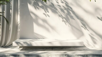 Aufkleber - White concrete empty table organic curtain and plant shadow on cement wall Summer exterior scene for product placement mockup Neutral minimal aesthetic : Generative AI