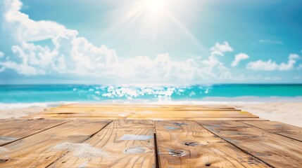 Wall Mural - Tropical fine sandy beach with blured sea sun sky clouds background with wooden table top and empty space for product advertisement Montage of summer relaxation background : Generative AI