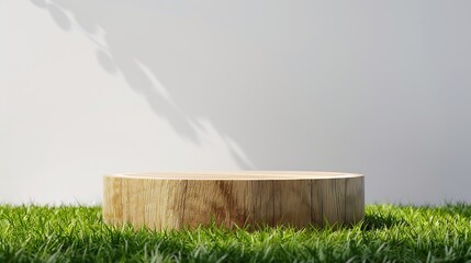 Wall Mural - wood podium on green grass with isolated white space in backgroundpromotion beauty cosmetic and healthy natural product placement pedestal platform showcase displayspring or summer adv : Generative AI