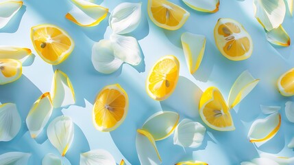 Wall Mural - Creative summer layout made of lemon and yellow flower petals on bright blue background Fruit minimal concept : Generative AI