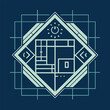 © Ifti Digital - Square with smiley face design in blue and white colors, Artistic interpretation of a blueprint or floor plan, minimalist logo