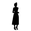 Vector silhouette of a young attractive slender woman, profile, standing, black color, isolated on a white background