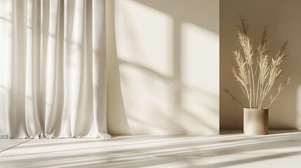 Aufkleber - Neutral modern empty room with sunlight shadow white blank wall background beige linen curtain stone floor or tabletop aesthetic minimalist interior design template : Generative AI